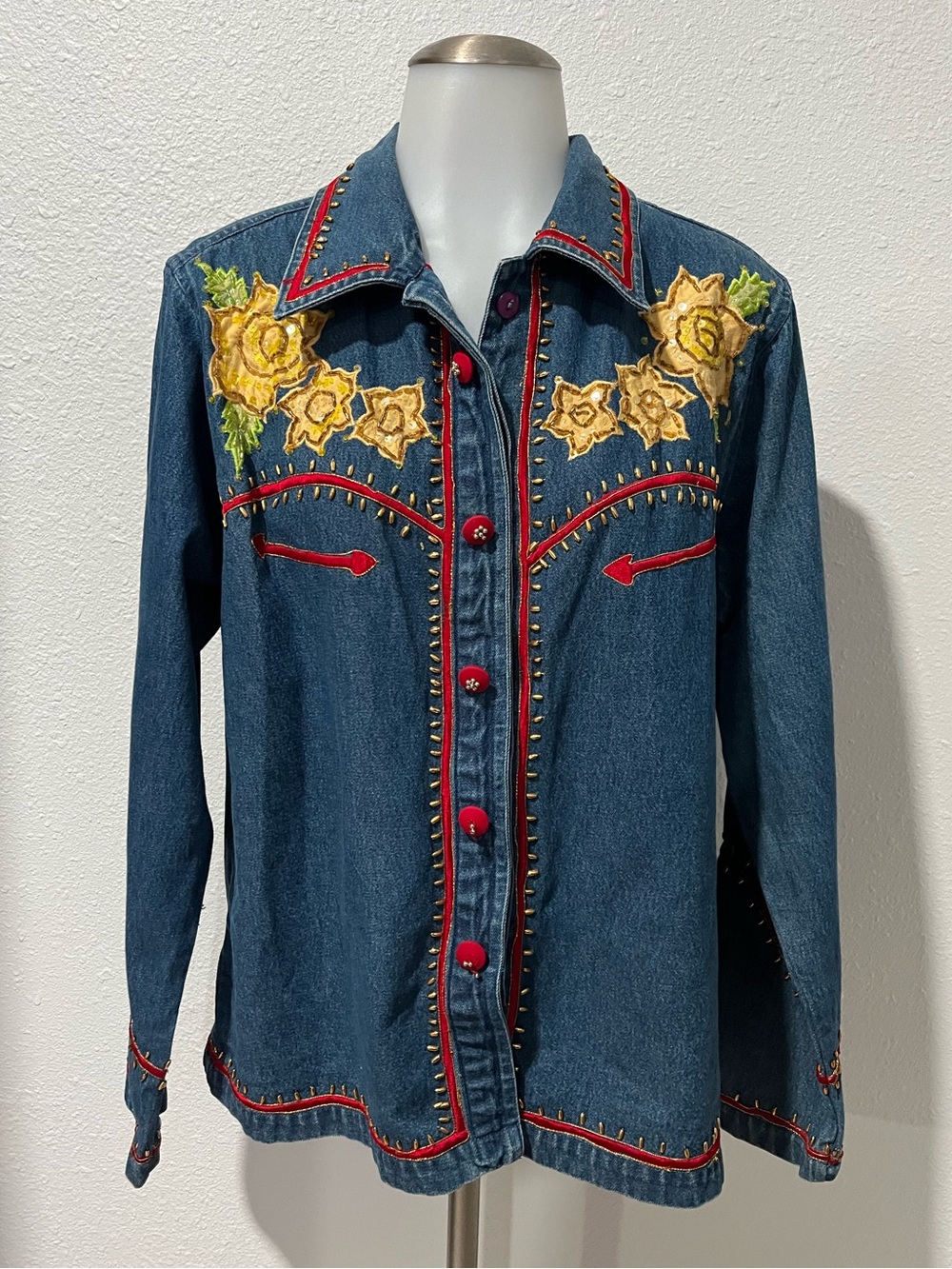 Vintage "Don't Mess With Texas" Floral Embellished Western Denim Shachet Size L